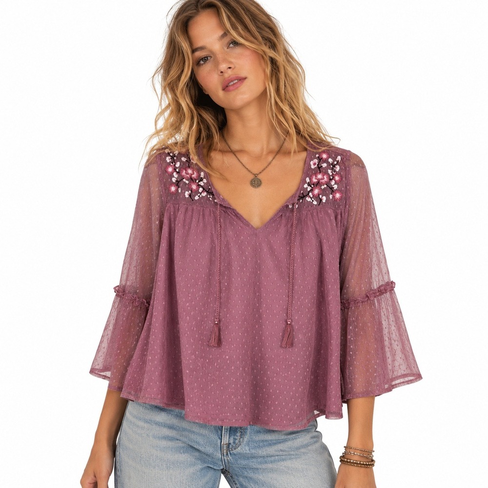 Mudd Swiss Dot Floral Embroidered Blouse Pink Boho Bell Sleeve Tassel Size L